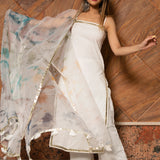 Ivory Solid Silk Blend Salwar Set With Tie-Dye Organza Dupatta