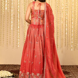 Crimson Pink Floral Embroidered Tissue Lehenga Set
