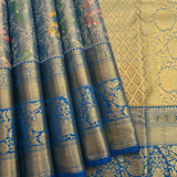 Steel Grey Kanjivaram Silk Saree With Blue Border And Multicolour Bird Butti