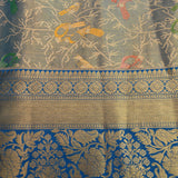Steel Grey Kanjivaram Silk Saree With Blue Border And Multicolour Bird Butti