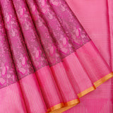 Pink Kanjivaram Silk Saree With Silver Flamingo Weave & Gold Striped Border