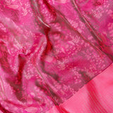 Pink Kanjivaram Silk Saree With Silver Flamingo Weave & Gold Striped Border