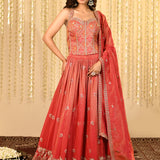 Crimson Pink Floral Embroidered Tissue Lehenga Set