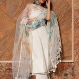 Ivory Solid Silk Blend Salwar Set With Tie-Dye Organza Dupatta