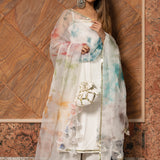 Ivory Solid Silk Blend Salwar Set With Tie-Dye Organza Dupatta