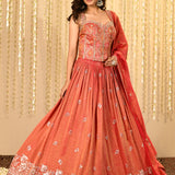 Crimson Pink Floral Embroidered Tissue Lehenga Set
