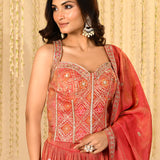 Crimson Pink Floral Embroidered Tissue Lehenga Set