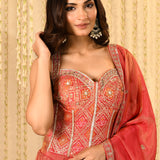 Crimson Pink Floral Embroidered Tissue Lehenga Set