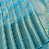 Sky Blue Kanjivaram Silk Saree With Gold Medallion Booti & Floral Pallu