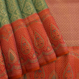 Sea Green Kanjivaram Silk Saree With Orange-Red Border And Gold Zari Paisley Weave