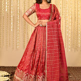 Jewel Tone Beige Embroidered Tissue Lehenga Set