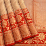 Beige Kanjivaram Silk Saree With Red Border And Gold Zari Lotus Weave