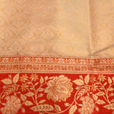 Beige Kanjivaram Silk Saree With Red Border And Gold Zari Lotus Weave