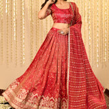 Jewel Tone Beige Embroidered Tissue Lehenga Set