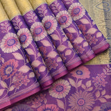 Pale Yellow Kanjivaram Silk Saree With Purple Border And Multicolour Sunflower Weave