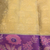Pale Yellow Kanjivaram Silk Saree With Purple Border And Multicolour Sunflower Weave