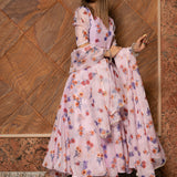Lilac Floral Printed Georgette Anarkali Set With Flared Silhouette