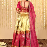 Pink And Gold Floral Woven Silk Blend Lehenga Set