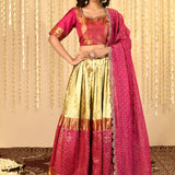 Pink And Gold Floral Woven Silk Blend Lehenga Set