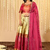 Pink And Gold Floral Woven Silk Blend Lehenga Set
