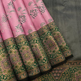 Kanjivaram Silk Saree In Rose Pink With Green Floral Buttas And Contrast Dark Green Gold Zari Medallion Border