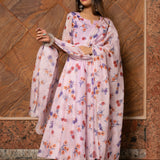 Lilac Floral Printed Georgette Anarkali Set With Flared Silhouette
