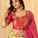 Pink And Gold Floral Woven Silk Blend Lehenga Set