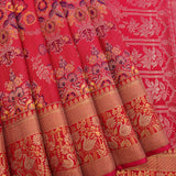 Kanjivaram Silk Saree In Crimson Red With Multicolour Floral Jaal And Gold Zari Swan Border