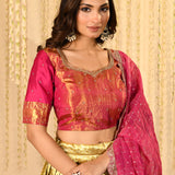 Pink And Gold Floral Woven Silk Blend Lehenga Set