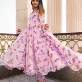 Lilac Floral Printed Georgette Anarkali Set With Flared Silhouette