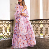 Lilac Floral Printed Georgette Anarkali Set With Flared Silhouette