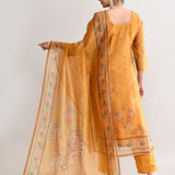 Yellow Orange Tissue Floral Printed Kurti Set
