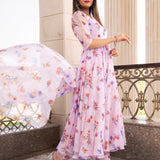 Lilac Floral Printed Georgette Anarkali Set With Flared Silhouette