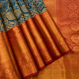 Pure Kanjivaram Silk Saree — Peacock Blue With Maroon Contrast Border & Gold Zari Floral Pallu