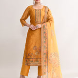 Yellow Orange Tissue Floral Printed Kurti Set