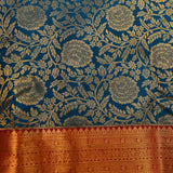 Pure Kanjivaram Silk Saree — Peacock Blue With Maroon Contrast Border & Gold Zari Floral Pallu
