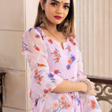 Lilac Floral Printed Georgette Anarkali Set With Flared Silhouette