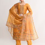 Yellow Orange Tissue Floral Printed Kurti Set