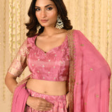 Shiny Soft Pink Floral Tissue Lehenga Set