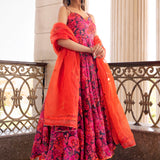Coral Pink Floral Printed Crepe Anarkali Set With Sheer Dupatta