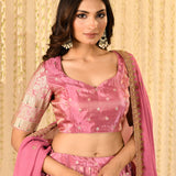 Shiny Soft Pink Floral Tissue Lehenga Set