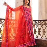 Coral Pink Floral Printed Crepe Anarkali Set With Sheer Dupatta