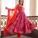 Coral Pink Floral Printed Crepe Anarkali Set With Sheer Dupatta