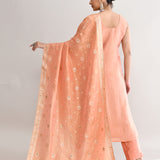 Peach Banarasi Silk Floral Kurti Set