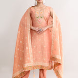 Peach Banarasi Silk Floral Kurti Set