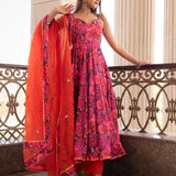 Coral Pink Floral Printed Crepe Anarkali Set With Sheer Dupatta
