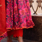 Coral Pink Floral Printed Crepe Anarkali Set With Sheer Dupatta
