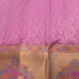 Kanjivaram Silk Saree In Lavender With Silver Zari Leaf Jaal And Contrast Antique Gold Multicolour Floral Medallion Border
