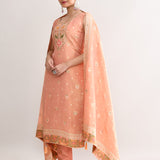Peach Banarasi Silk Floral Kurti Set