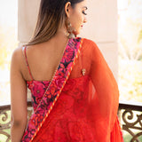 Coral Pink Floral Printed Crepe Anarkali Set With Sheer Dupatta